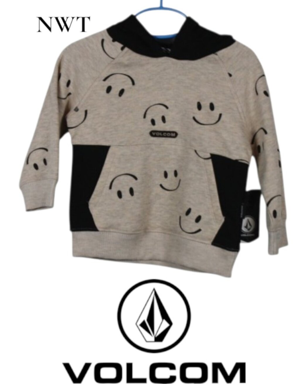 NWT Volcom Cream & Black Hoodie with Smiley Faces Size 24M
